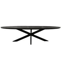 Massief eettafel met zwart houten afwerking en unieke sculpturale basis voor moderne interieurs. Perfect voor dining, meetings of als statement piece in elke woonruimte. Hoogwaardige meubelkwaliteit.