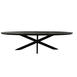 Elegant eettafel van Massief Hout met modern zwart onderstel, perfect voor stijlvolle eetkamers en verbluffende interieurdecoratie.