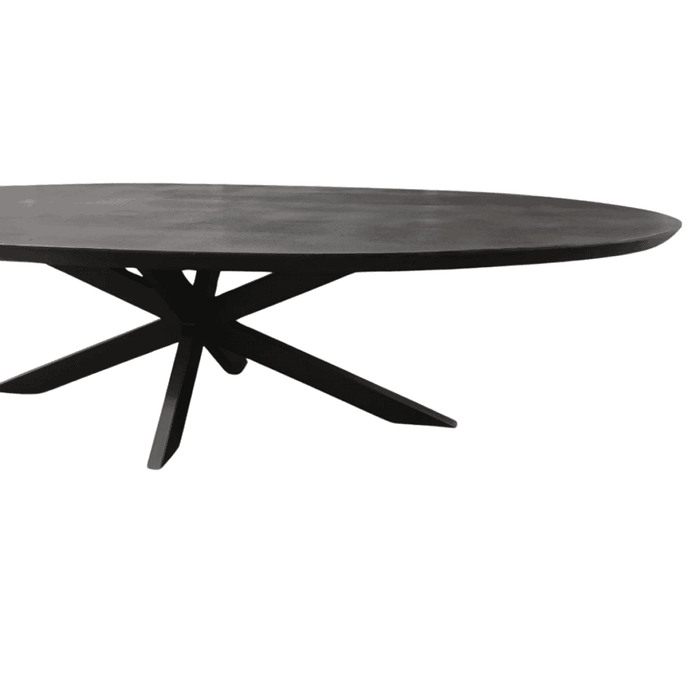 Elegante zwarte eettafel van massief hout met uniek design, perfect voor moderne interieurs en smaakvolle eetkamers.