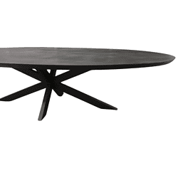 Elegante zwarte eettafel van massief hout met uniek design, perfect voor moderne interieurs en smaakvolle eetkamers.
