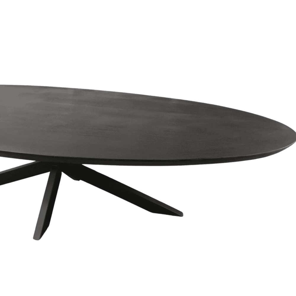 Houten eettafel met zwart metalen onderstel, modern en minimalistisch design, perfect voor stijlvolle eetkamerinrichting.