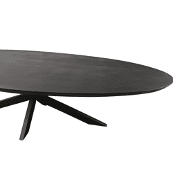 Houten eettafel met zwart metalen onderstel, modern en minimalistisch design, perfect voor stijlvolle eetkamerinrichting.