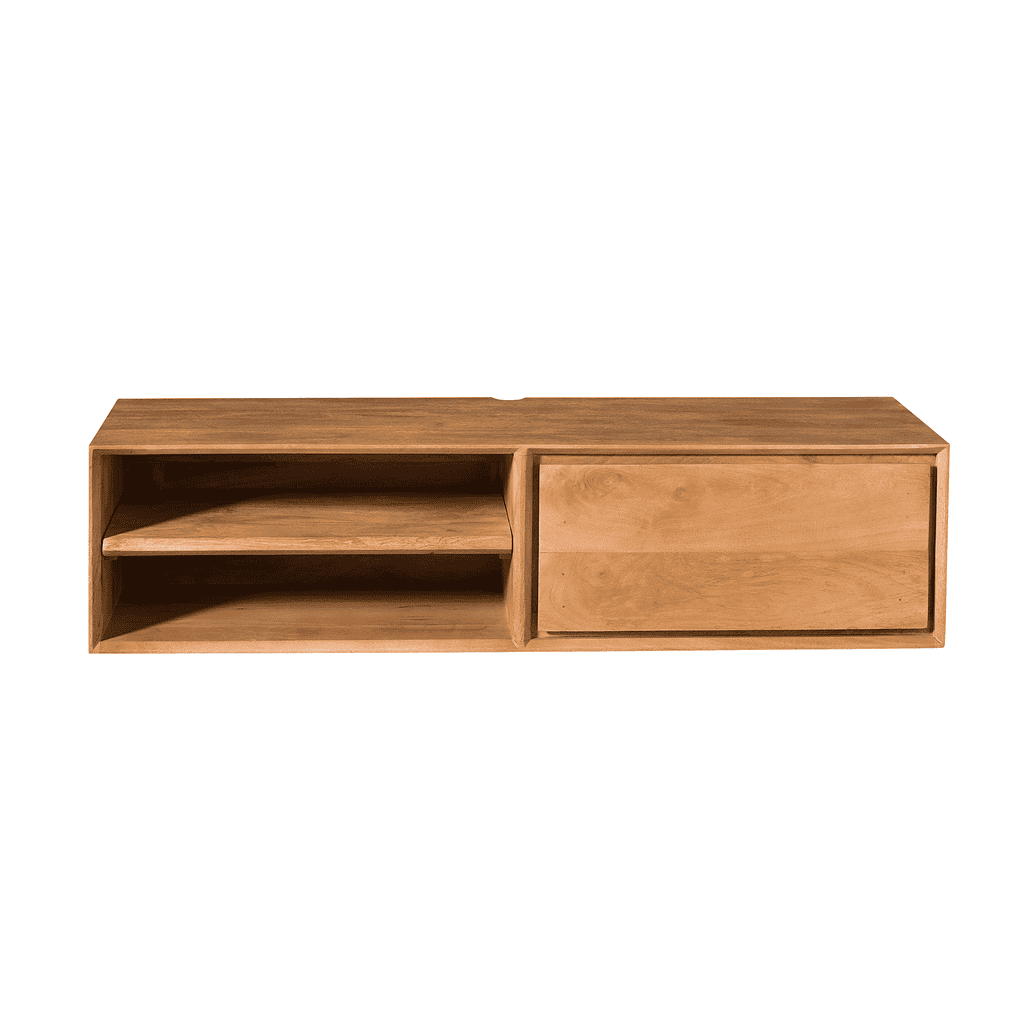 Eiken houten TV-meubel met open vak en gesloten opbergruimte, Scandinavisch ontwerp, perfect voor woonkamer, minimalistisch en duurzaam, op maat gemaakt door Mokana Meubelen.