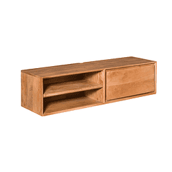 Rustieke houten tv-meubel met open vakken en gesloten opbergruimte, perfect voor moderne interieurstijl. Gemaakt van hoogwaardig massief hout, geschikt voor tv en entertainment apparatuur.
