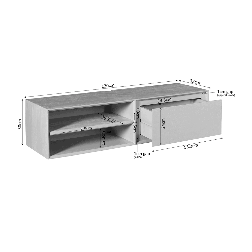 Robuuste TV-meubel met opbergruimte en open planken in lichte houttint, modern design, perfect voor woonkamerinrichting en opbergen van elektronica en accessoires, maatwerk mogelijk.