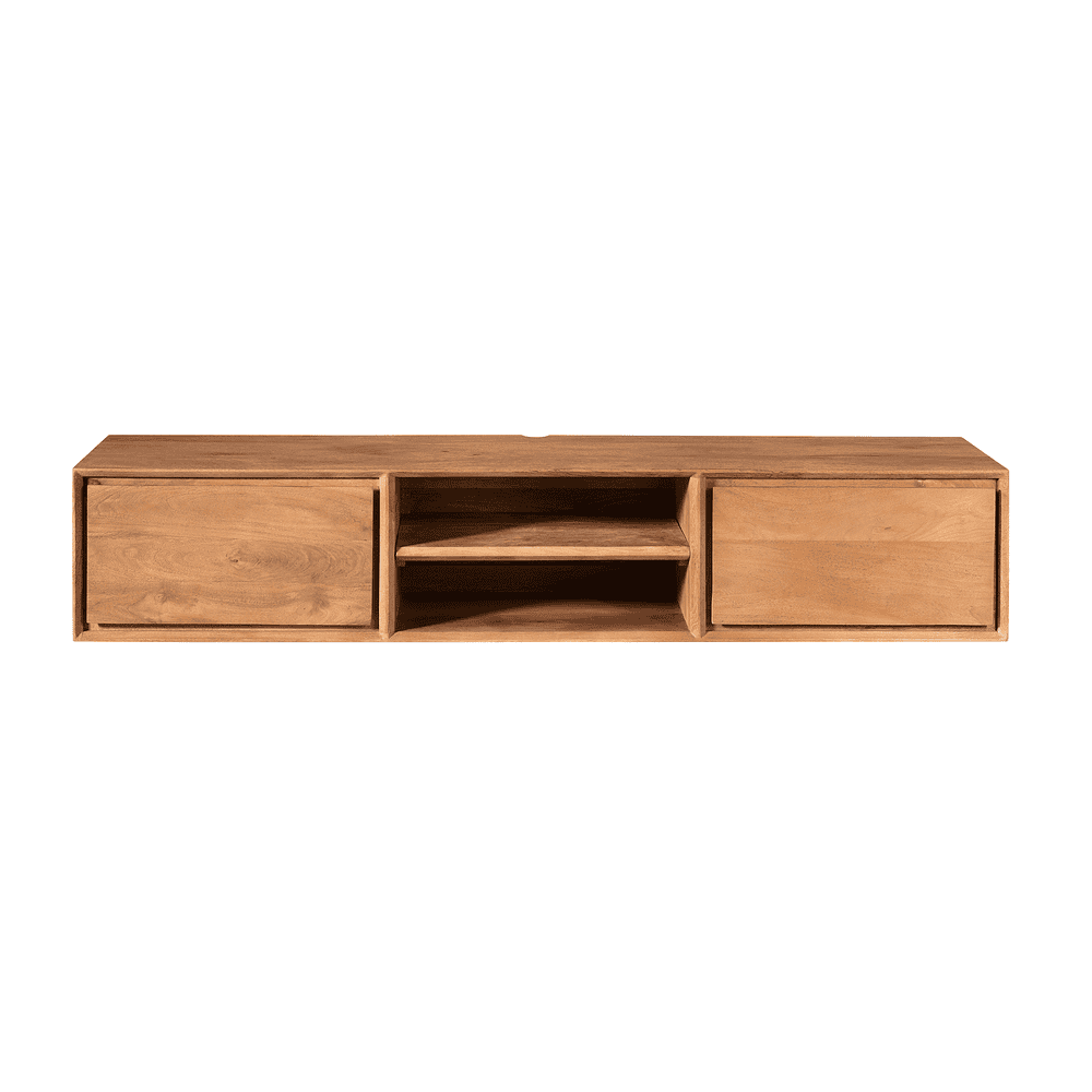 Rustieke houten tv-meubel met opbergruimte en open schappen, perfect voor woonkamerdecoratie.