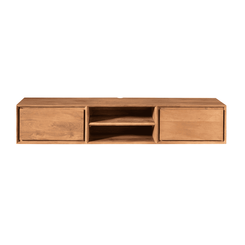Rustieke houten tv-meubel met opbergruimte en open schappen, perfect voor woonkamerdecoratie.