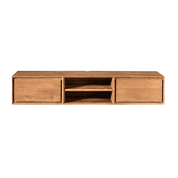 Rustieke houten tv-meubel met opbergruimte en open schappen, perfect voor woonkamerdecoratie.