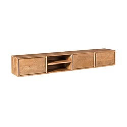 Robuuste houten wandmeubel met schuifdeuren en open vakken, perfect voor modern interieur en tv-meubel. Gemaakt van hoogwaardig massief hout voor duurzaamheid en stijl.