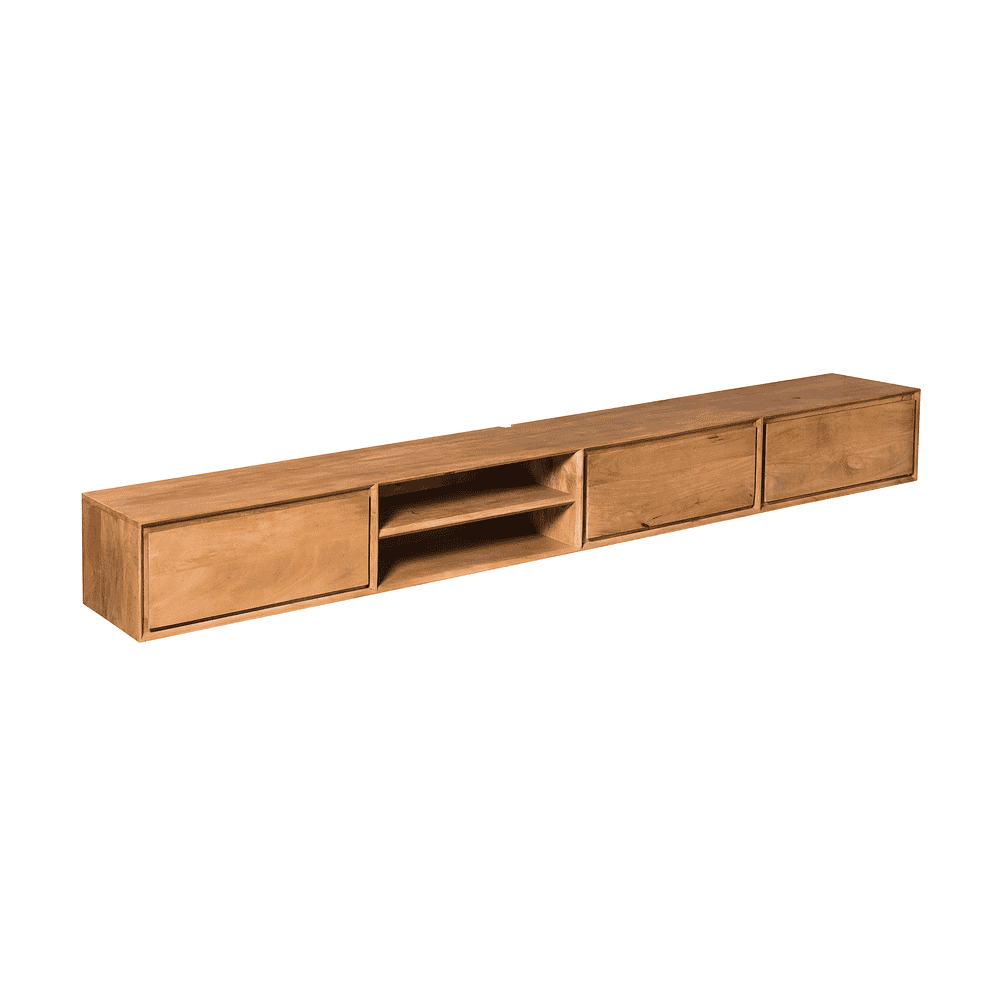 Modern houten tv-meubel met open vakken en schuifdeuren, perfect voor woonkamer inrichting, handgemaakt van rustiek hardhout.