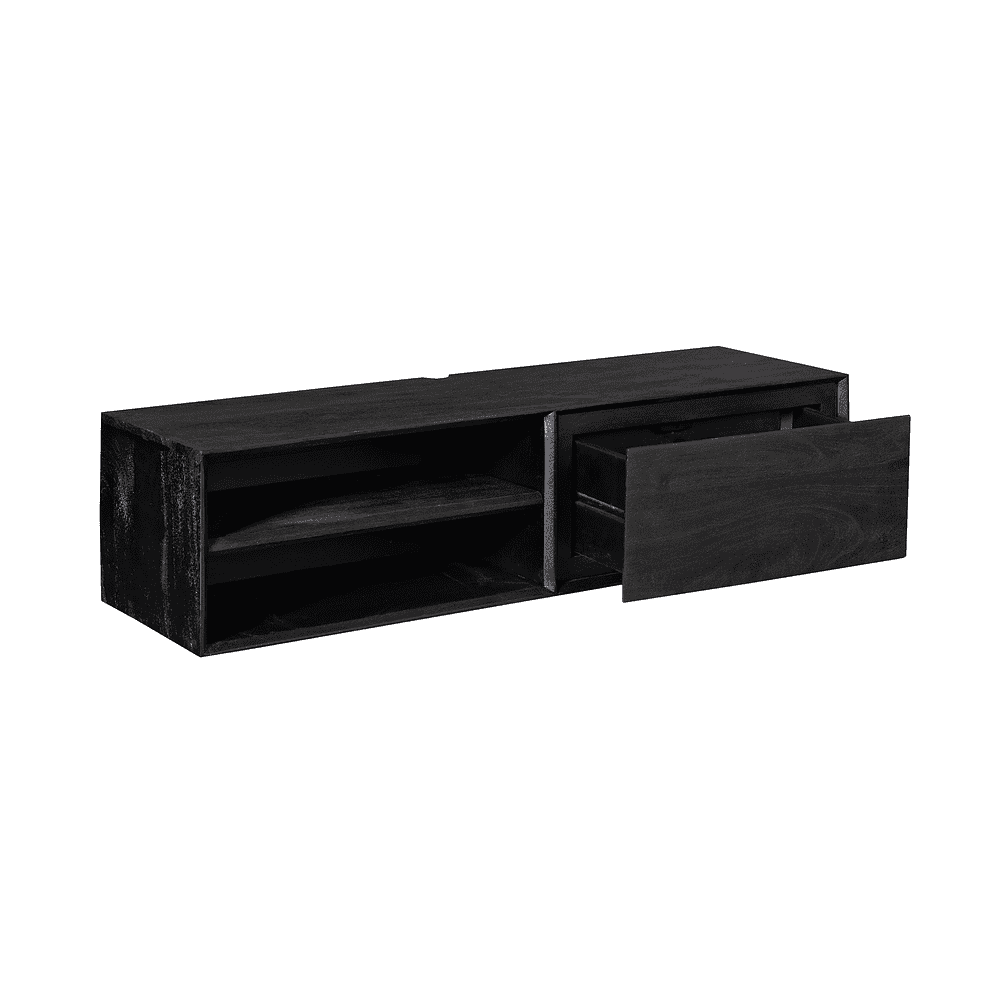 Robuuste zwarte houten tv-meubel met open vakken en lade, modern design, perfecte opbergoplossing voor woonkamer, door Mokana Meubelen.