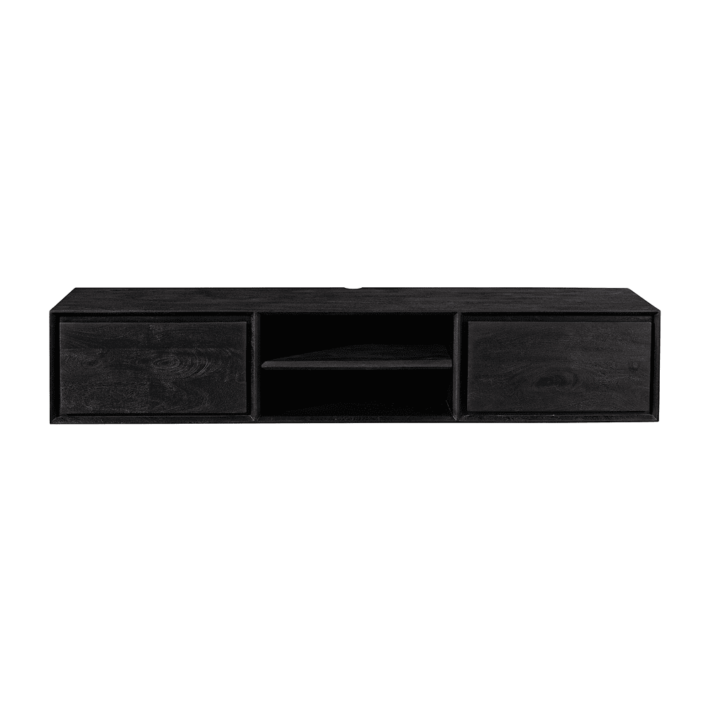 Strakke zwarte houten tv-meubel met schuifdeuren en open vakken, modern en functioneel design, perfect voor een eigentijdse woonkamer, gemaakt door Mokana Meubelen.