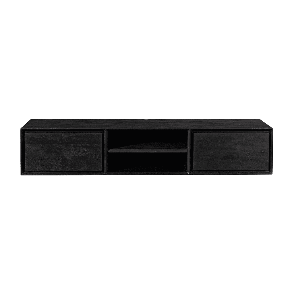 Strakke zwarte houten tv-meubel met schuifdeuren en open vakken, modern en functioneel design, perfect voor een eigentijdse woonkamer, gemaakt door Mokana Meubelen.