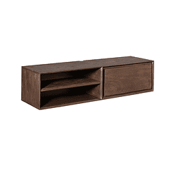 Een houten wandmeubel van Mokana Meubelen met open en gesloten opbergruimte, perfect voor moderne interieurs.