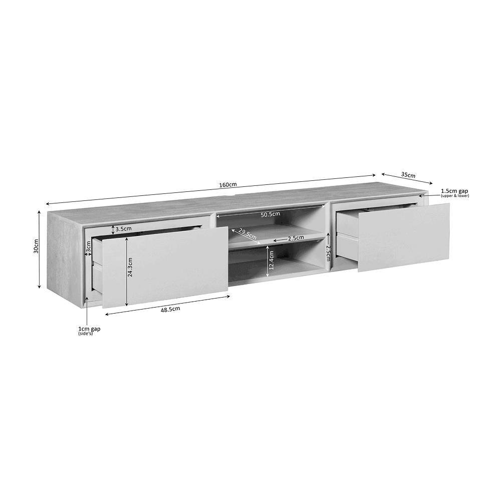 Hoogwaardige houten mediameubel met opbergruimte, verlengbare tv-dressoir, modern design, maat 160x35x30cm, inklapbare schuifdeuren, perfect voor woonkamer of mediasysteem, stevig en stijlvol meubel van Mokana Meubelen.