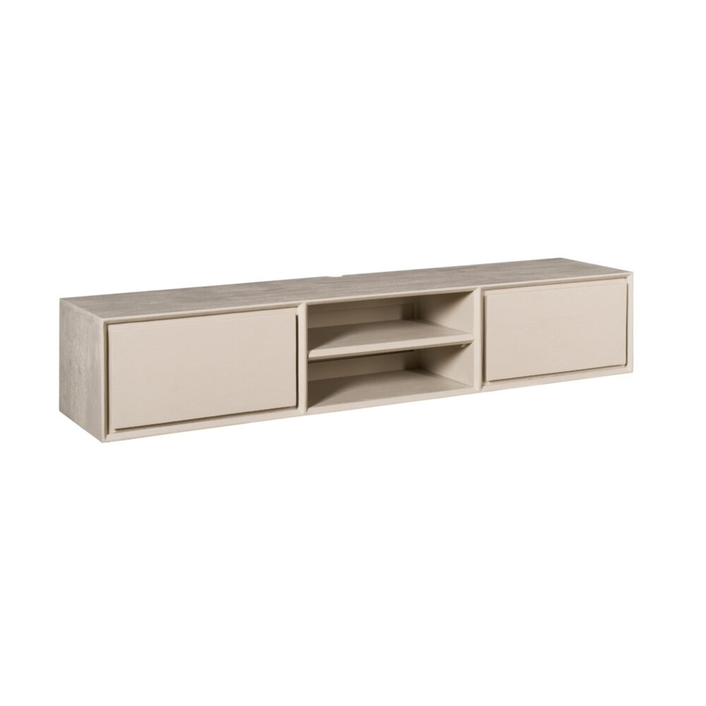 Strakke beige wandmeubel met open en gesloten opbergruimte, ideaal voor moderne woonkamers of tv-meubels. Gemaakt van hoogwaardige materialen, perfect voor aanvullende decoratie en opbergruimte.