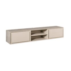 Strakke beige wandmeubel met open en gesloten opbergruimte, ideaal voor moderne woonkamers of tv-meubels. Gemaakt van hoogwaardige materialen, perfect voor aanvullende decoratie en opbergruimte.