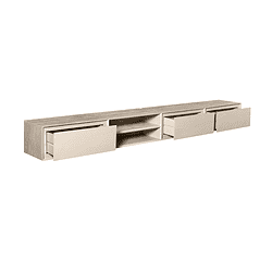 Lage dressoir van Mokana Meubelen in licht eikenkleur, modern en strak ontwerp, perfect voor in woonkamer of TV-kast, met diverse opbergruimtes en schuifdeuren.