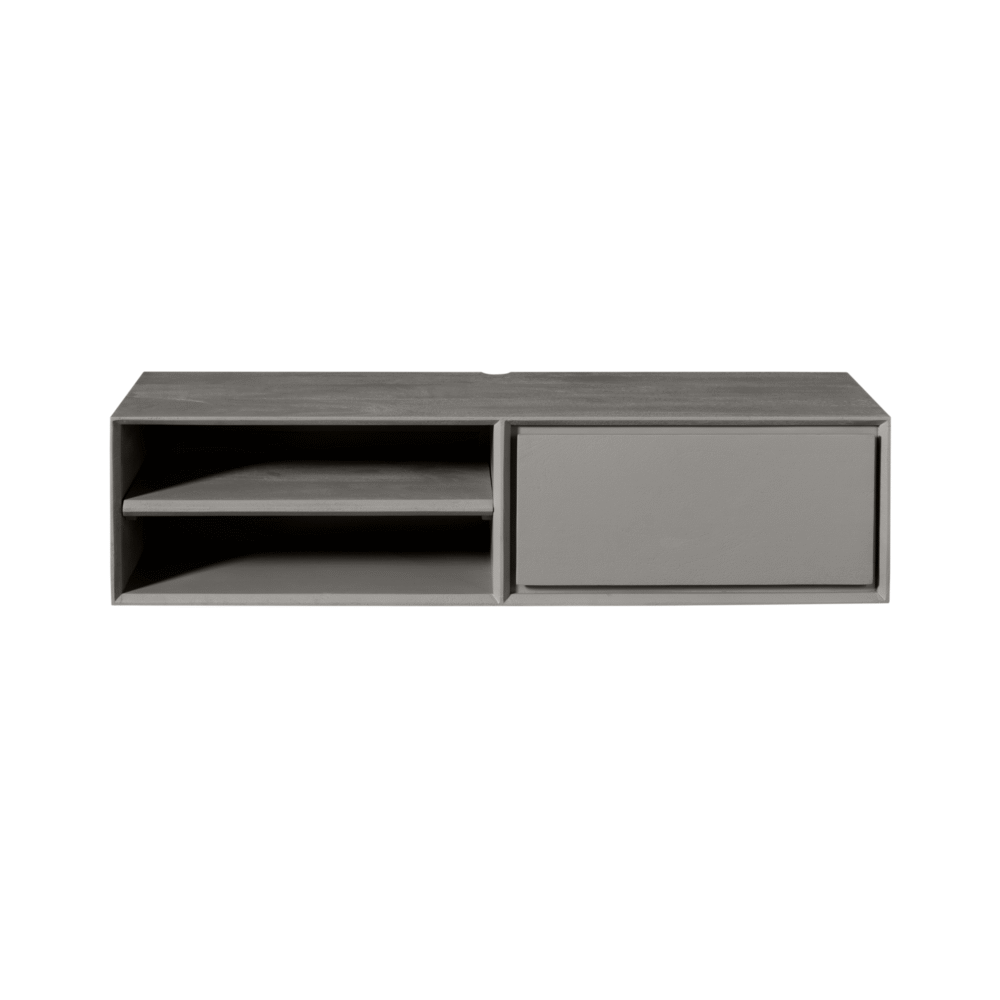 Strakke moderne wandmeubel van Mokana meubels in grijs hout en matte afwerking, perfect voor een eigentijdse woonkamer of tv-kamer.