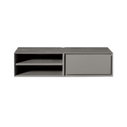 Strakke moderne wandmeubel van Mokana meubels in grijs hout en matte afwerking, perfect voor een eigentijdse woonkamer of tv-kamer.