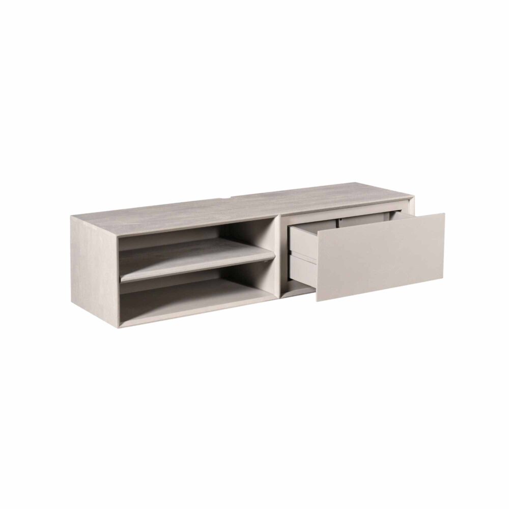 Strakke witte lowboard met opbergruimte en lades, perfect voor moderne woonkamers en tv-meubels. Hoogwaardige afwerking en tijdloos design van Mokana Meubelen.