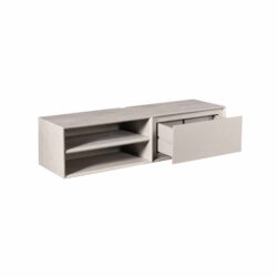 Strakke witte lowboard met opbergruimte en lades, perfect voor moderne woonkamers en tv-meubels. Hoogwaardige afwerking en tijdloos design van Mokana Meubelen.