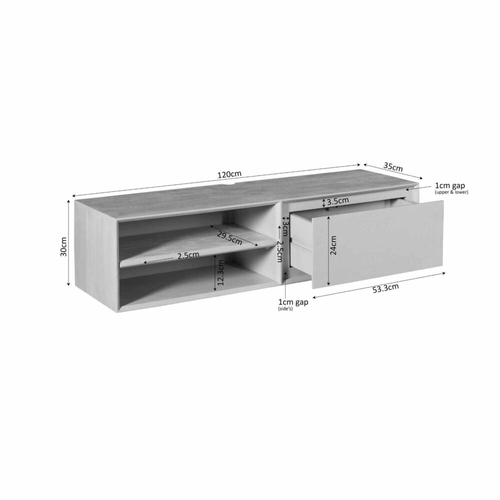 Elegante houten tv-meubel met opbergruimte en moderne uitstraling, perfect voor elke woonkamer, voorzien van duidelijke afmetingen en indeling voor optimale functionaliteit.