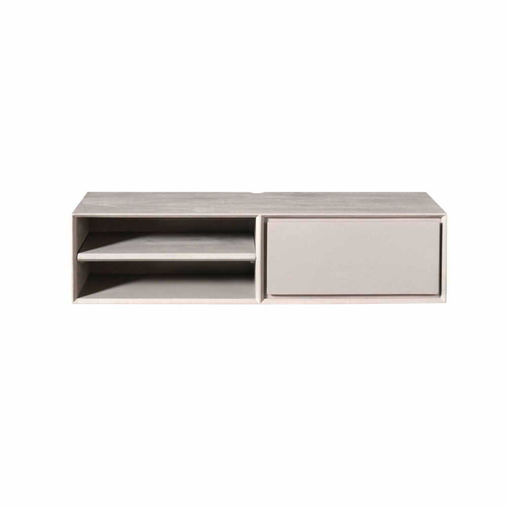 Eettafel met ingebouwde opbergruimte en open vakken, modern design in lichte houttint, perfect voor een stijlvolle en praktische woonkamer.