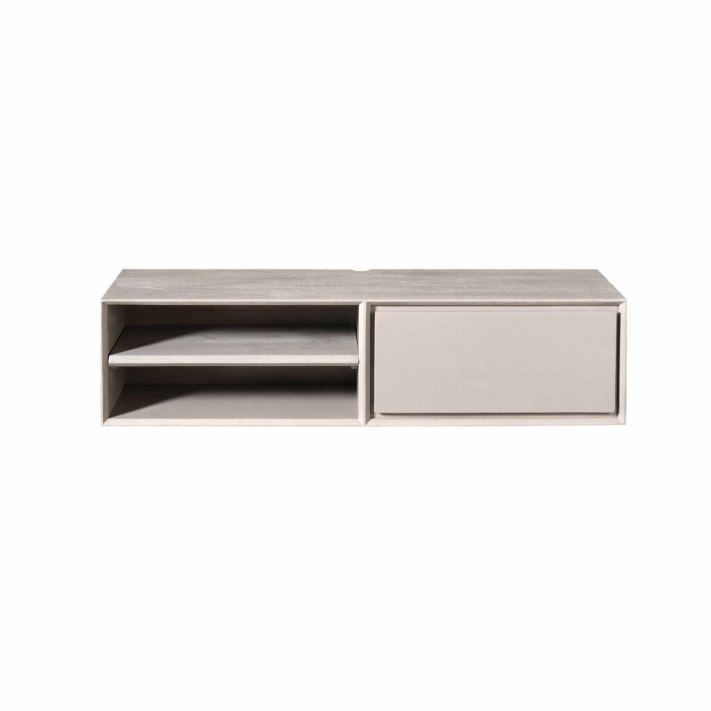 Eettafel met ingebouwde opbergruimte en open vakken, modern design in lichte houttint, perfect voor een stijlvolle en praktische woonkamer.