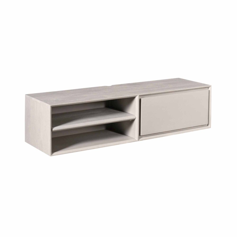 Eikenhouten TV-meubel met twee open vakken en een dichte opbergkast, modern en strak design. Perfect voor woonkamer, tv en accessoires, afgewerkt in lichte houttinten.