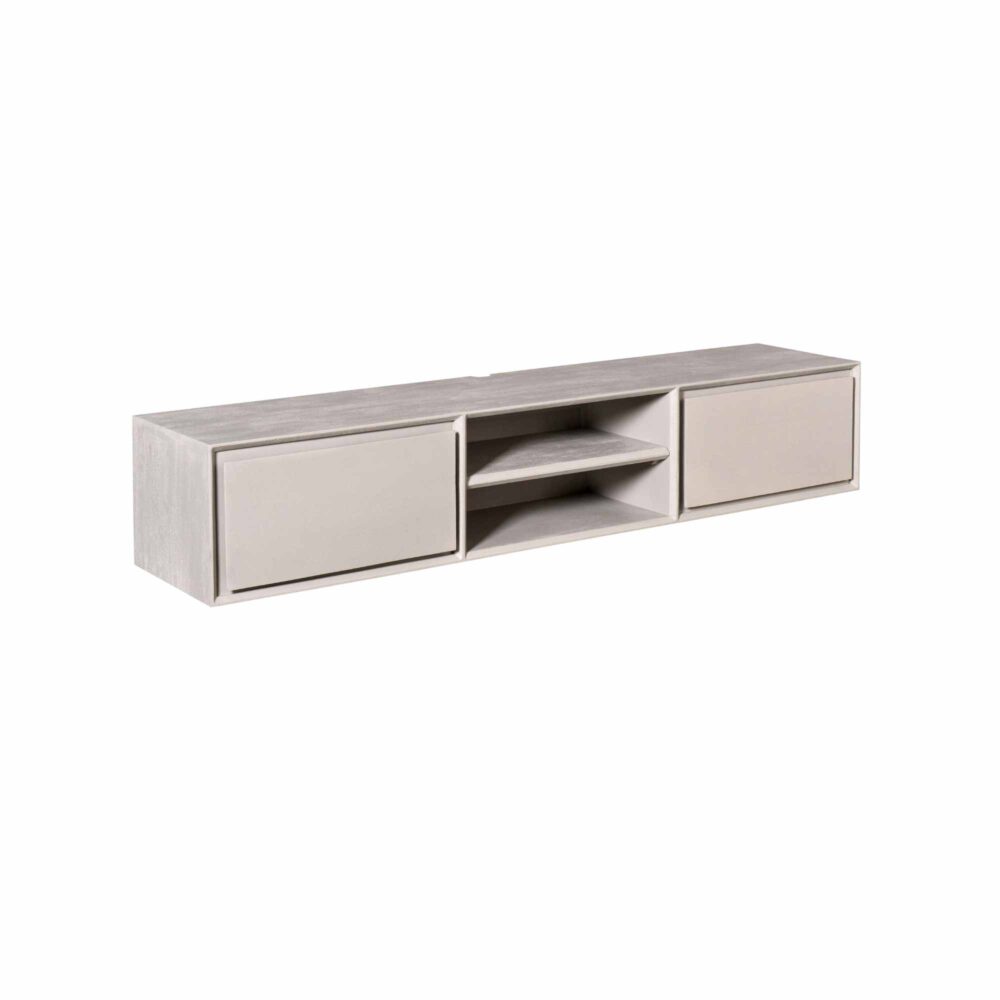 Strak tv-meubel van licht eikenhout met opbergkasten en open planken, modern ontwerp, perfect voor een eigentijdse woonkamer.