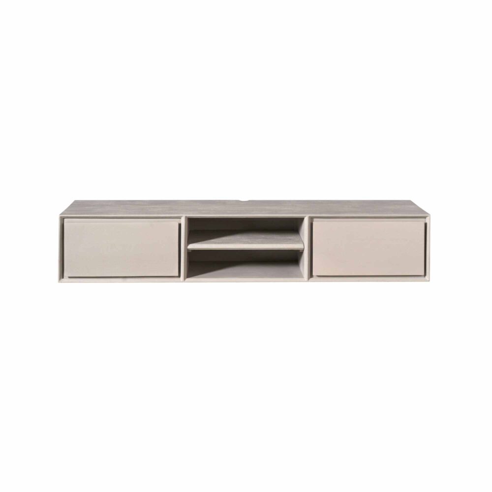 Strak en modern wandmeubel van Mokana met open en gesloten opbergruimte, perfect voor een minimalistische inrichting.