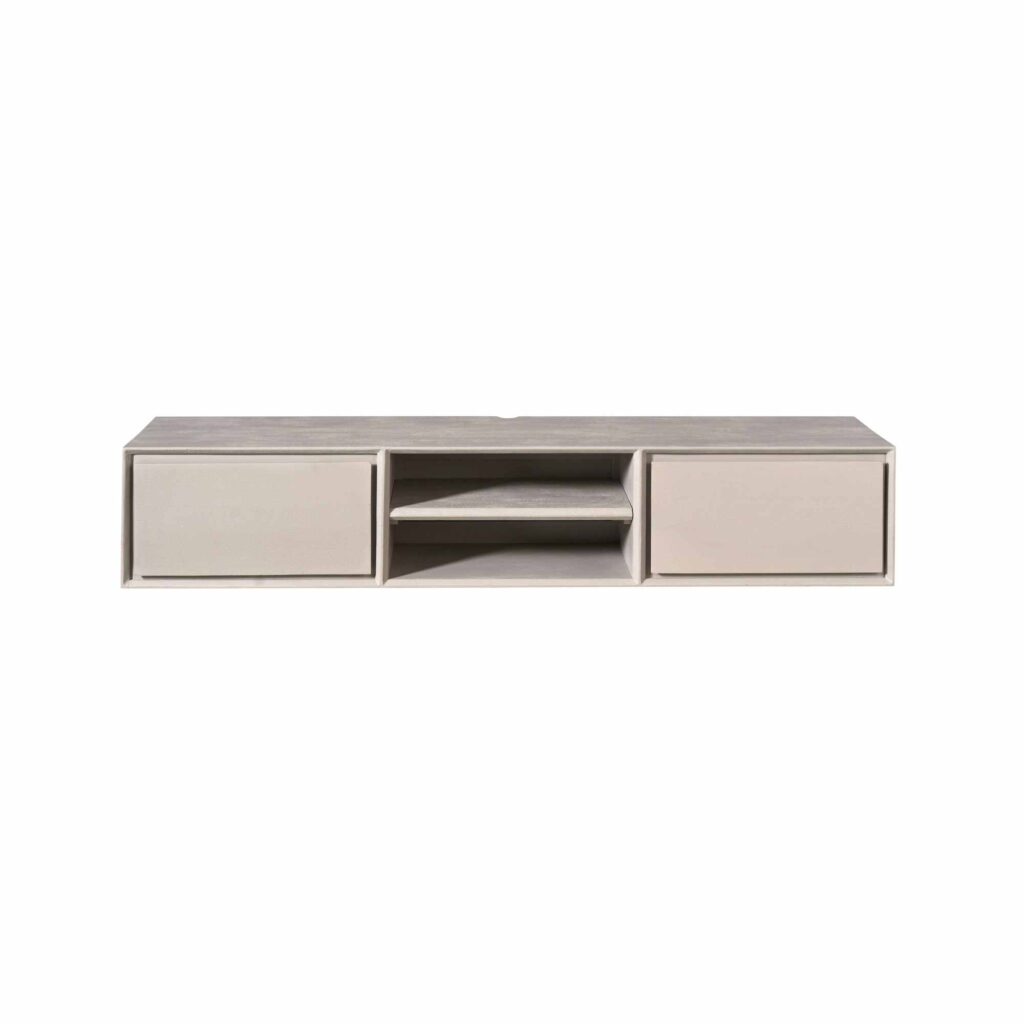 Strak en modern wandmeubel van Mokana met open en gesloten opbergruimte, perfect voor een minimalistische inrichting.