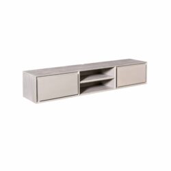 Strak tv-meubel van licht eikenhout met opbergkasten en open planken, modern ontwerp, perfect voor een eigentijdse woonkamer.
