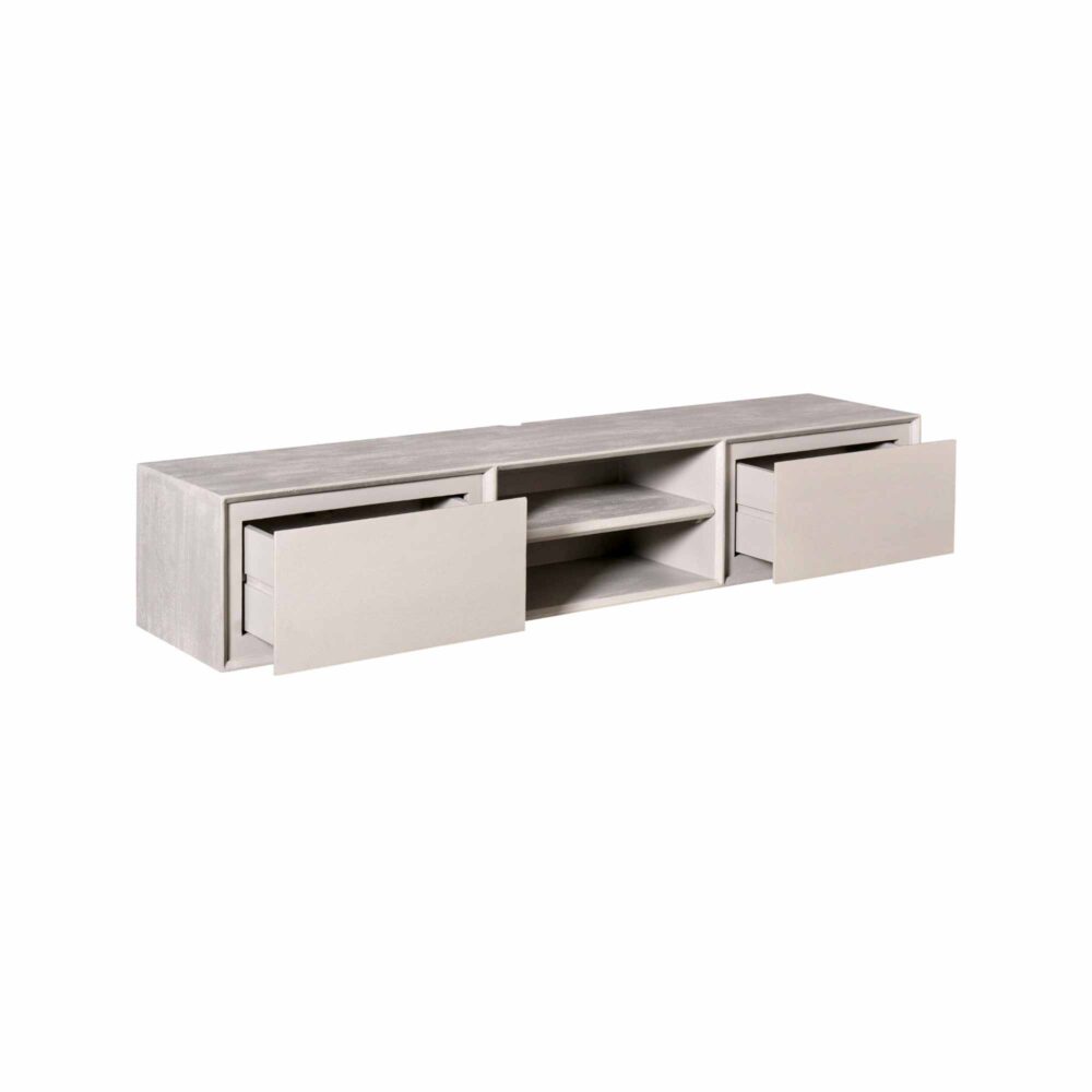 Glatte houten tv-meubel met opberglades en open vakken, modern design in lichte afwerking, ideale woonkamer accessoire voor organiserende opslag en stijlvol wonen.