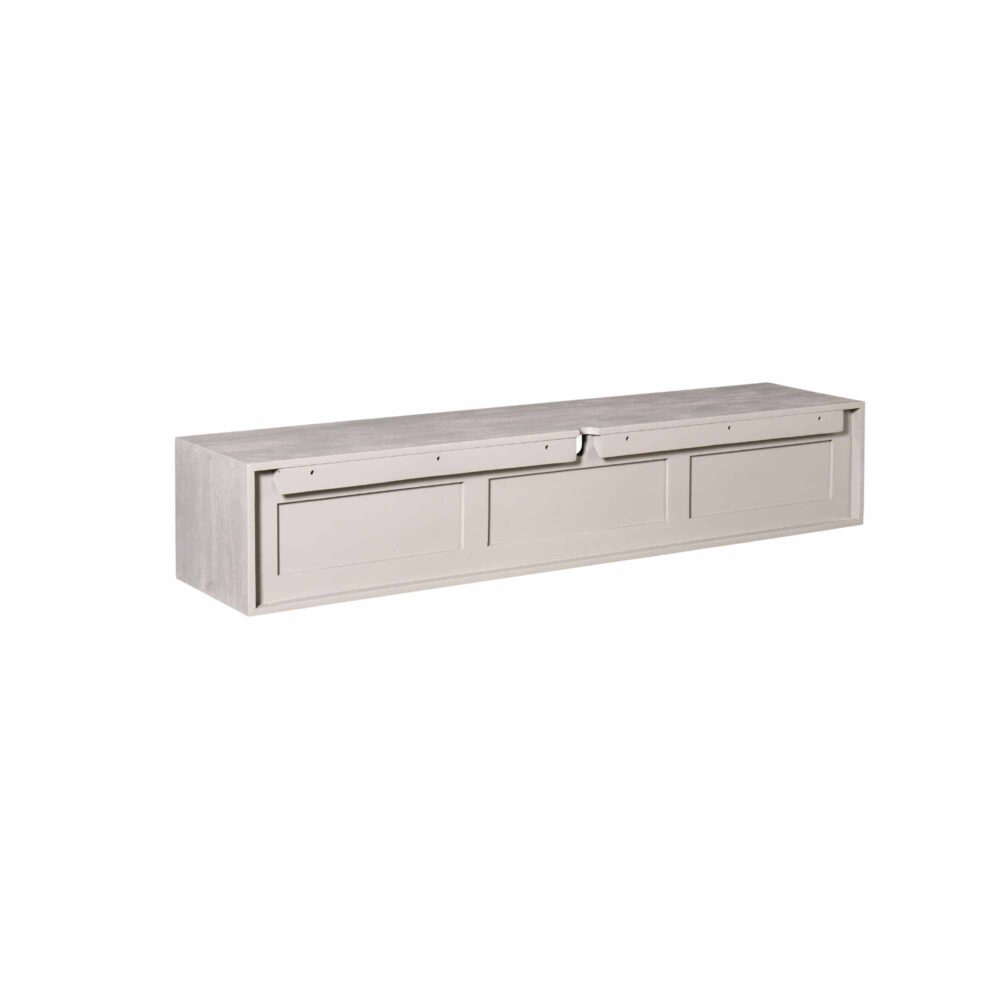 Elegante houten tv-meubel in lichtgrijze afwerking, geschikt voor modern interieur met opbergruimte en tapijtvrij ontwerp.