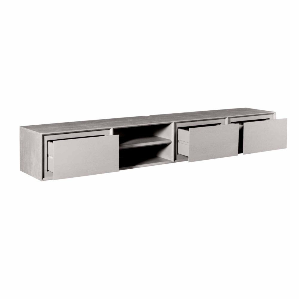 Strak houten tv-meubel met open planken en schuifdeuren in lichtgrijze afwerking, modern design.