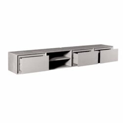 Strak houten tv-meubel met open planken en schuifdeuren in lichtgrijze afwerking, modern design.