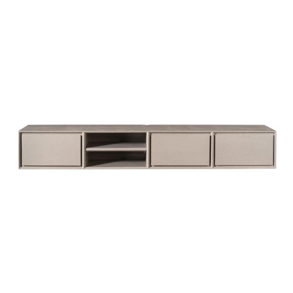 Strak TV-meubel van Mokana Meubelen met meerdere opbergvakken en open schappen in een lichte, natuurlijke hout-afwerking. Perfect voor moderne woonkamers en opbergruimte.
