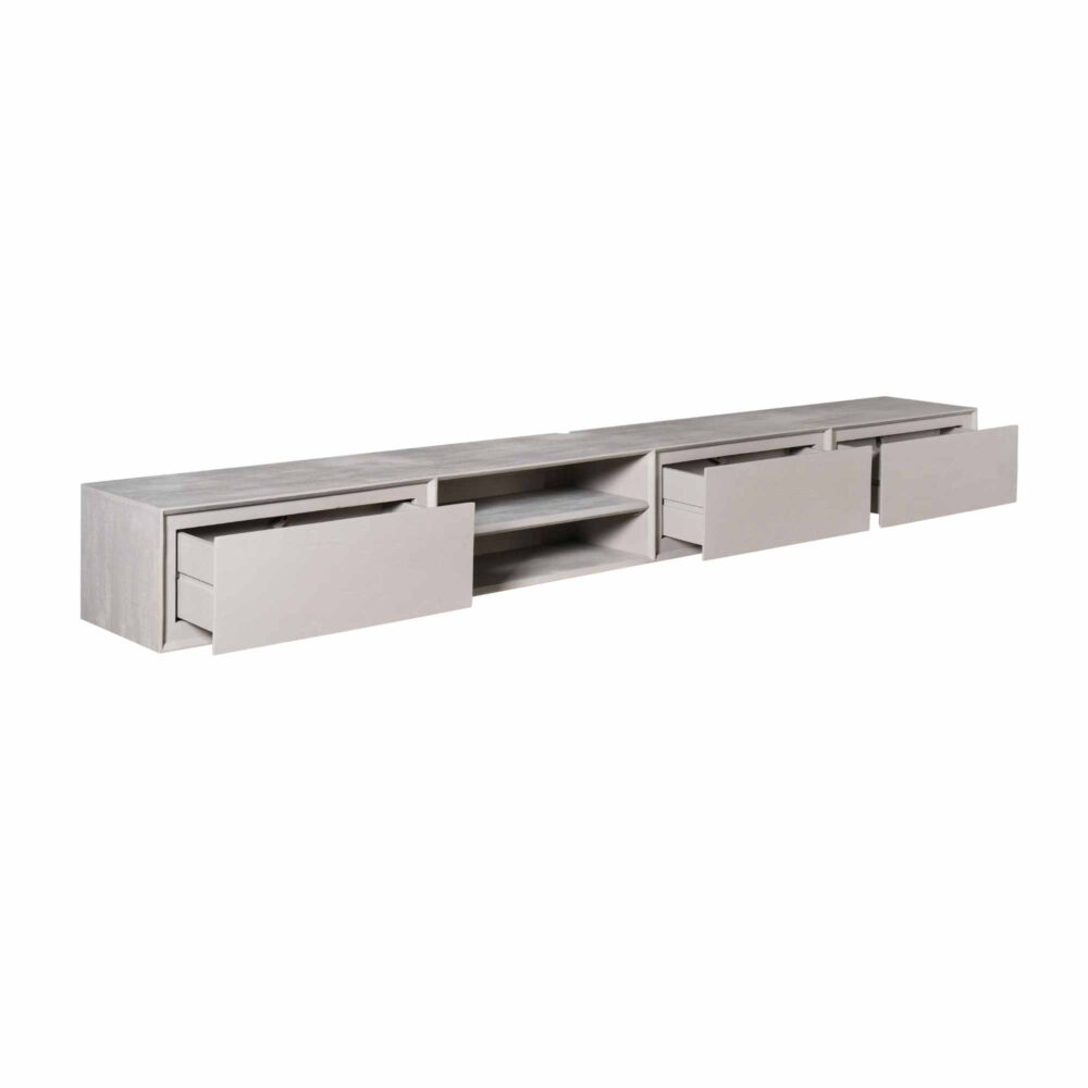 Elegante modern TV-meubel in licht eikenhout met gestileerde schuifdeuren en open opbergruimte, perfect voor een strak en functioneel woonkamer interieur.