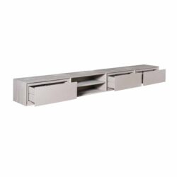Elegante modern TV-meubel in licht eikenhout met gestileerde schuifdeuren en open opbergruimte, perfect voor een strak en functioneel woonkamer interieur.