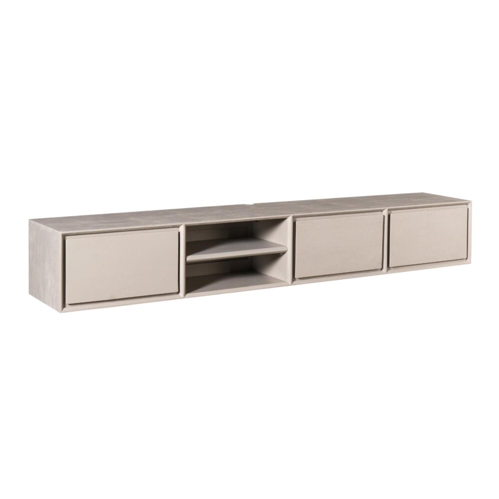 Elegante houten wandmeubel van Mokana Meubelen, met schuifdeuren en open vakken voor stijlvolle opbergruimte. Perfect voor moderne interieur decoratie.