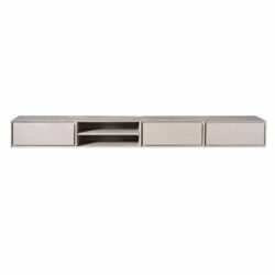 Strakke moderne tv-meubel in lichte houtlook met opbergladen en open planken, perfect voor een stijlvolle woonkamer inrichting.
