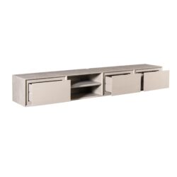 Moderne houten televisiemeubel met opberglades en open schappen, perfect voor een stijlvolle woonkamer. Gemaakt van hoogwaardig kwalitatief hout, ideaal voor het organiseren van elektronische apparaten en accessoires.