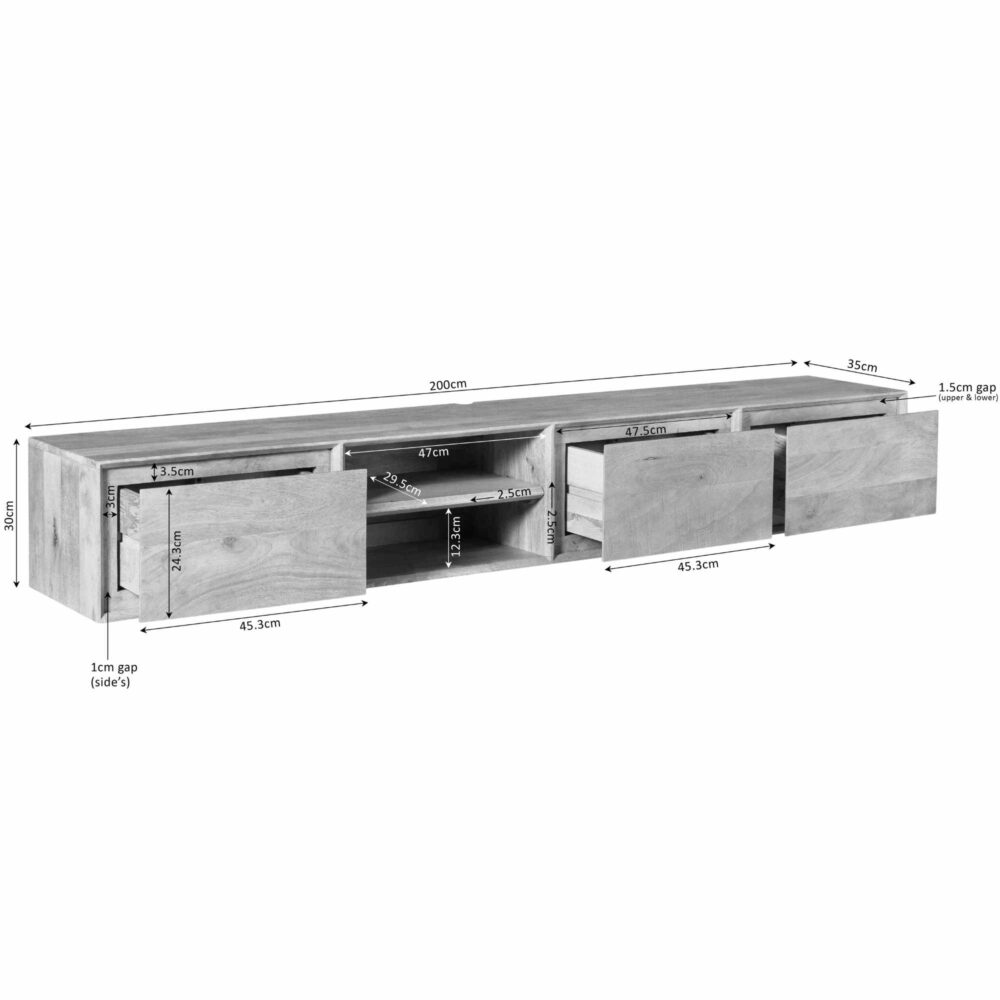 Elegante houten tv-meubel met opbergruimte en strak design, perfect voor moderne interieurs. Op maat gemaakt met gedetailleerde afmetingen en een natuurlijke afwerking voor een tijdloze look.