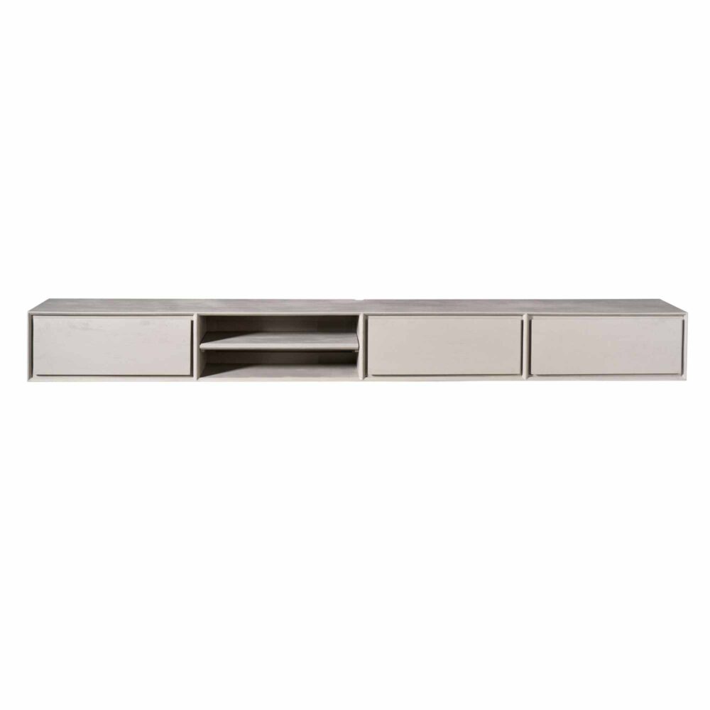 Strakke houten tv-meubel met lade en open opbergruimte, modern design, licht eiken afwerking – perfect voor elke woonstijl.