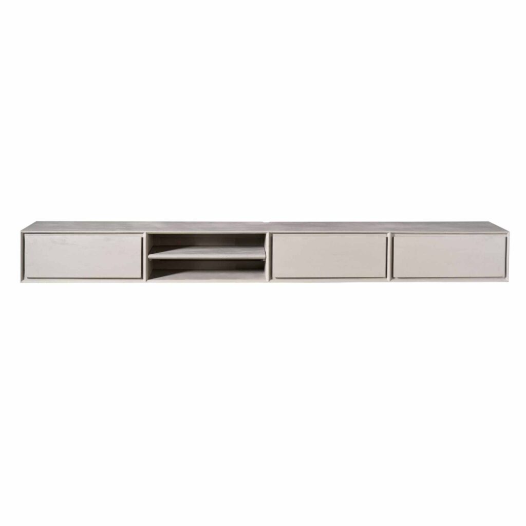 Strakke houten tv-meubel met lade en open opbergruimte, modern design, licht eiken afwerking – perfect voor elke woonstijl.