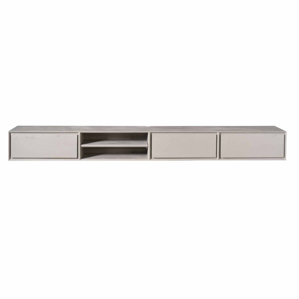 Strakke wandmeubel in lichtgrijs met opbergmogelijkheden en open vakken, perfect voor moderne woonkamers en entertainmentcentra.