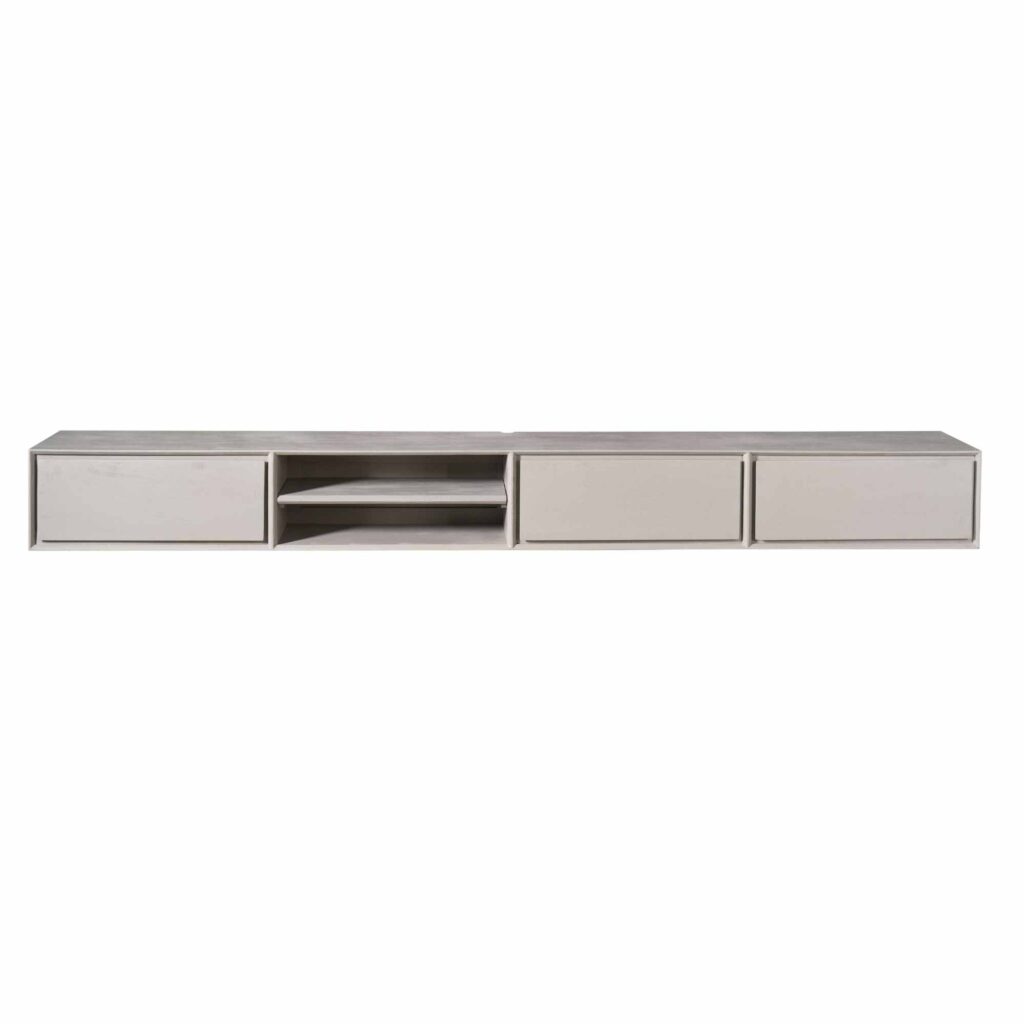 Strakke wandmeubel in lichtgrijs met opbergmogelijkheden en open vakken, perfect voor moderne woonkamers en entertainmentcentra.