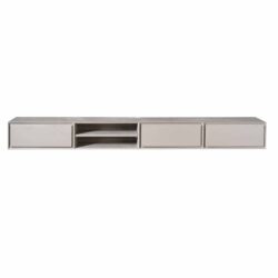Strakke wandmeubel in lichtgrijs met opbergmogelijkheden en open vakken, perfect voor moderne woonkamers en entertainmentcentra.